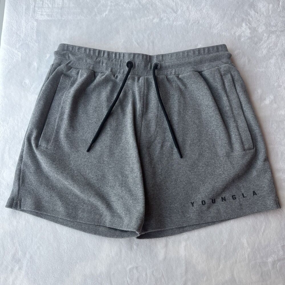 YoungLA Mens Medium Heather Gray Athletic Gym Shorts Logo Drawstring 5" Lounge